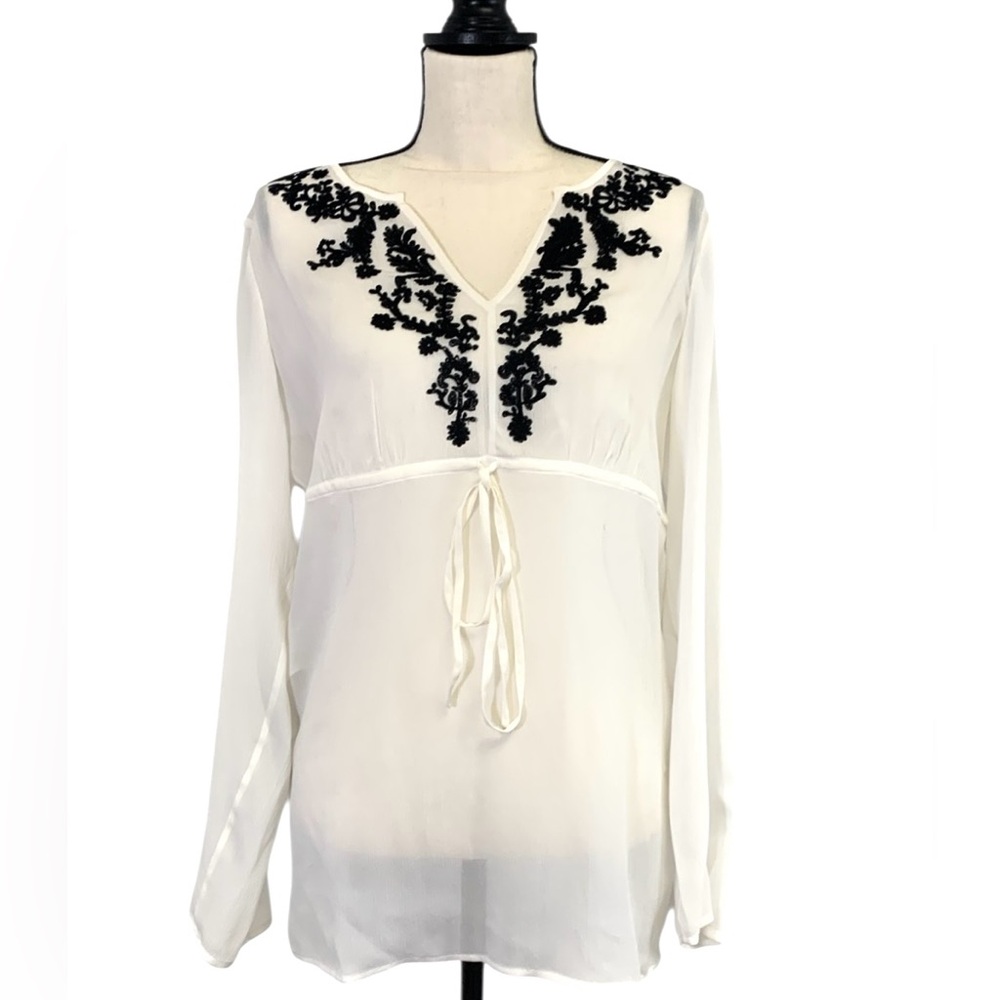 Vintage 100% Silk Blouse White Black Embroidered Sheer Boho Medium